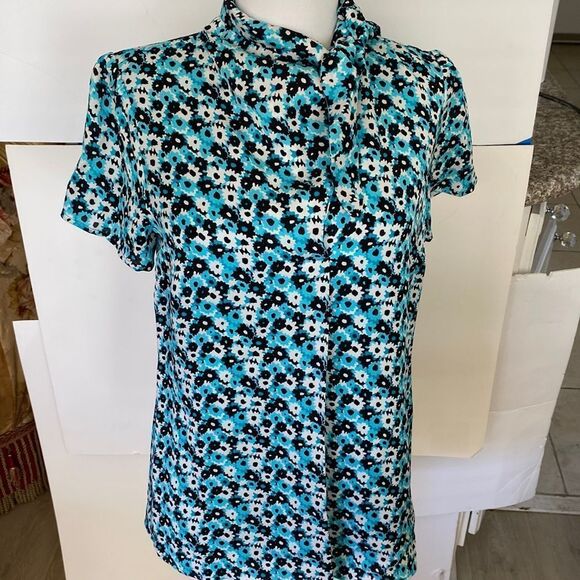 Turquoise black floral print tie front top 100%silk lining 100% polyester new - Picture 1 of 6